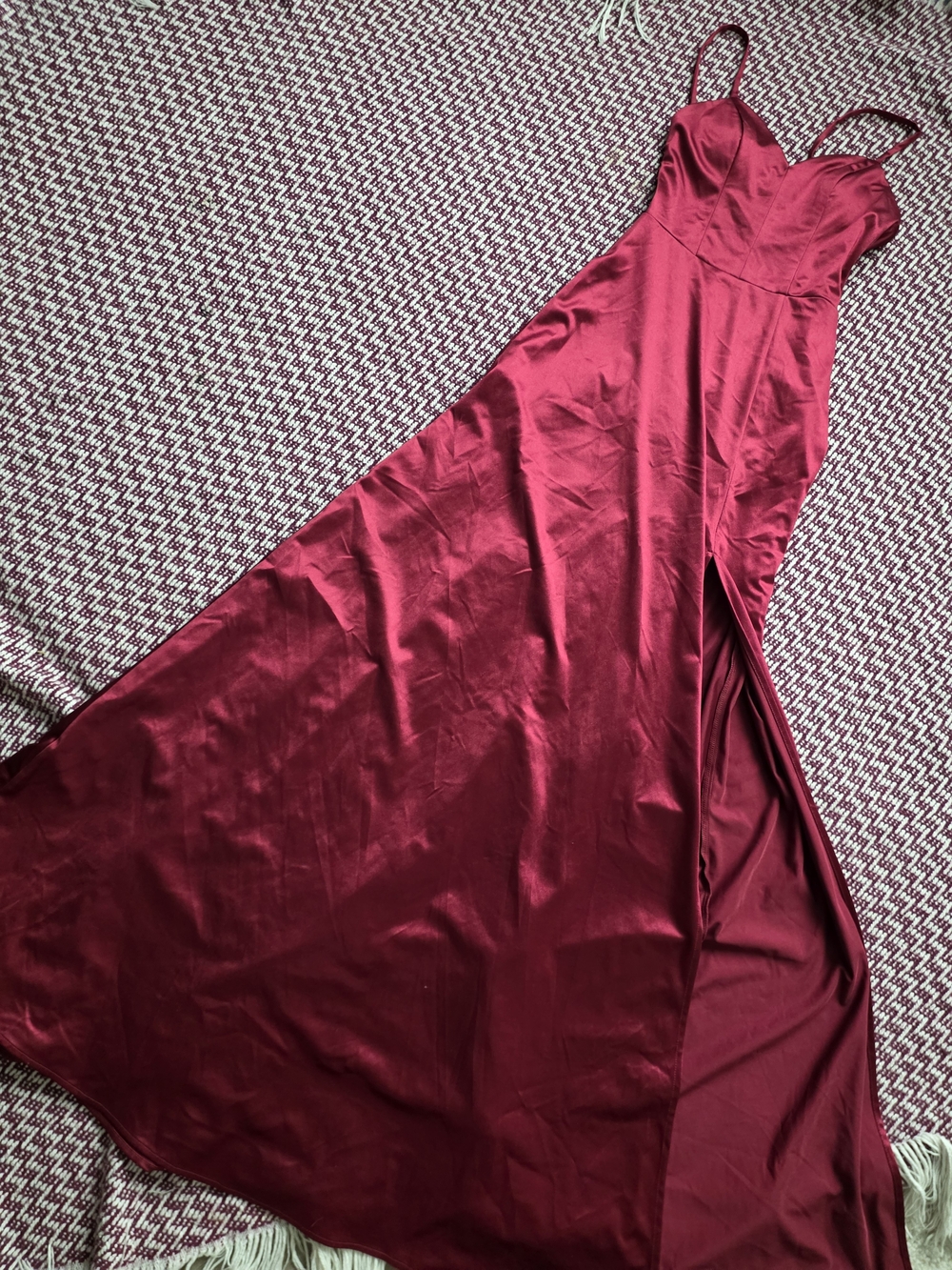 Spaghetti-Strap Satin Maxi Dress in Burgundy